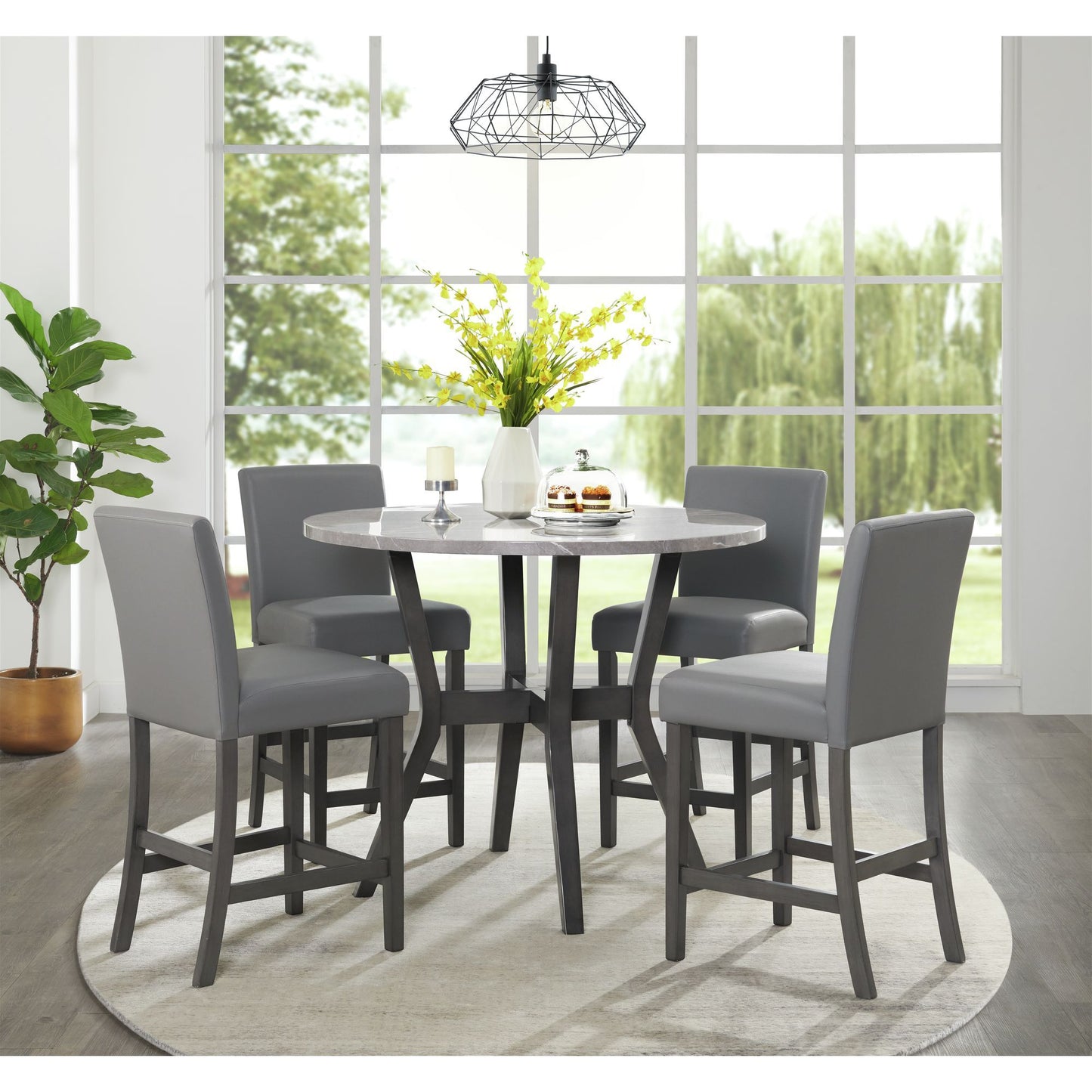 Ambridge - 5 Piece Round Counter Set With Faux Marble Top - Brushed Gray
