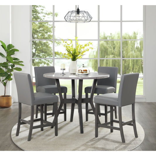 Ambridge - 5 Piece Round Counter Set With Faux Marble Top - Brushed Gray