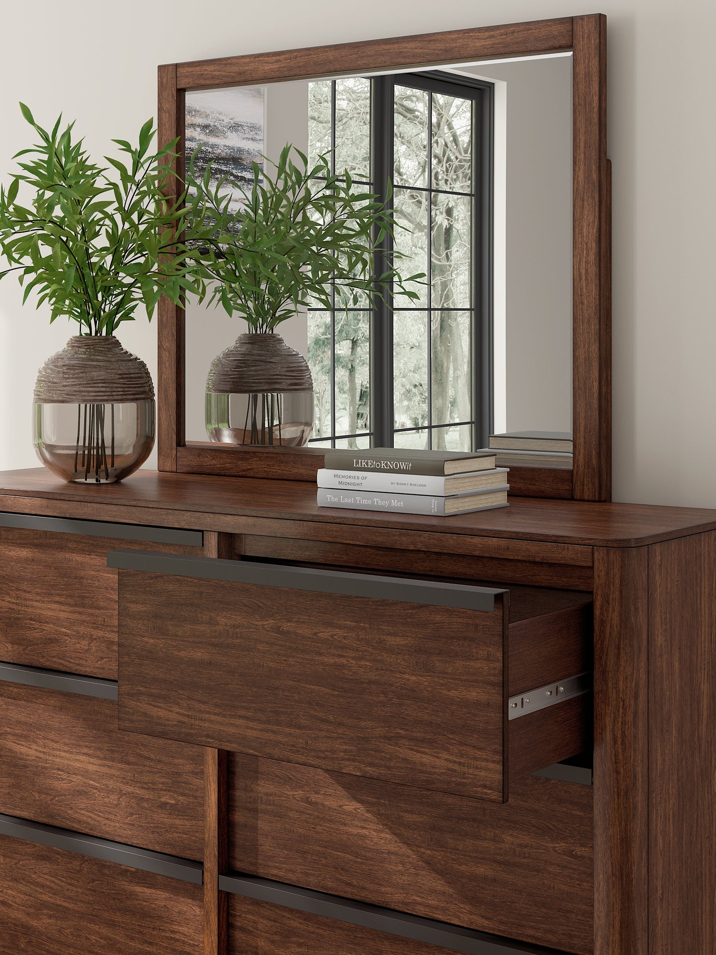 Dilenno California King Canopy Bed with Mirrored Dresser and Chest