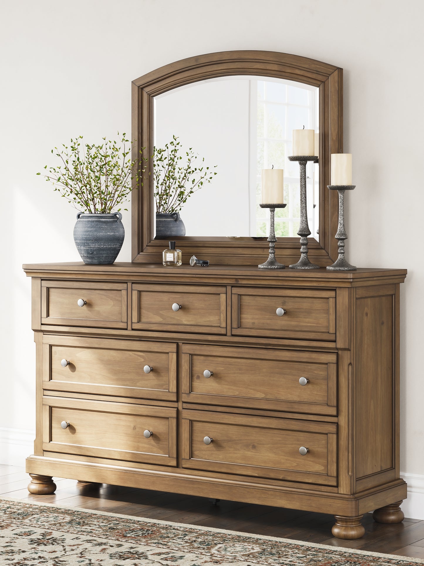Feddinger Queen Storage Sleigh Bed with Mirrored Dresser and Nightstand