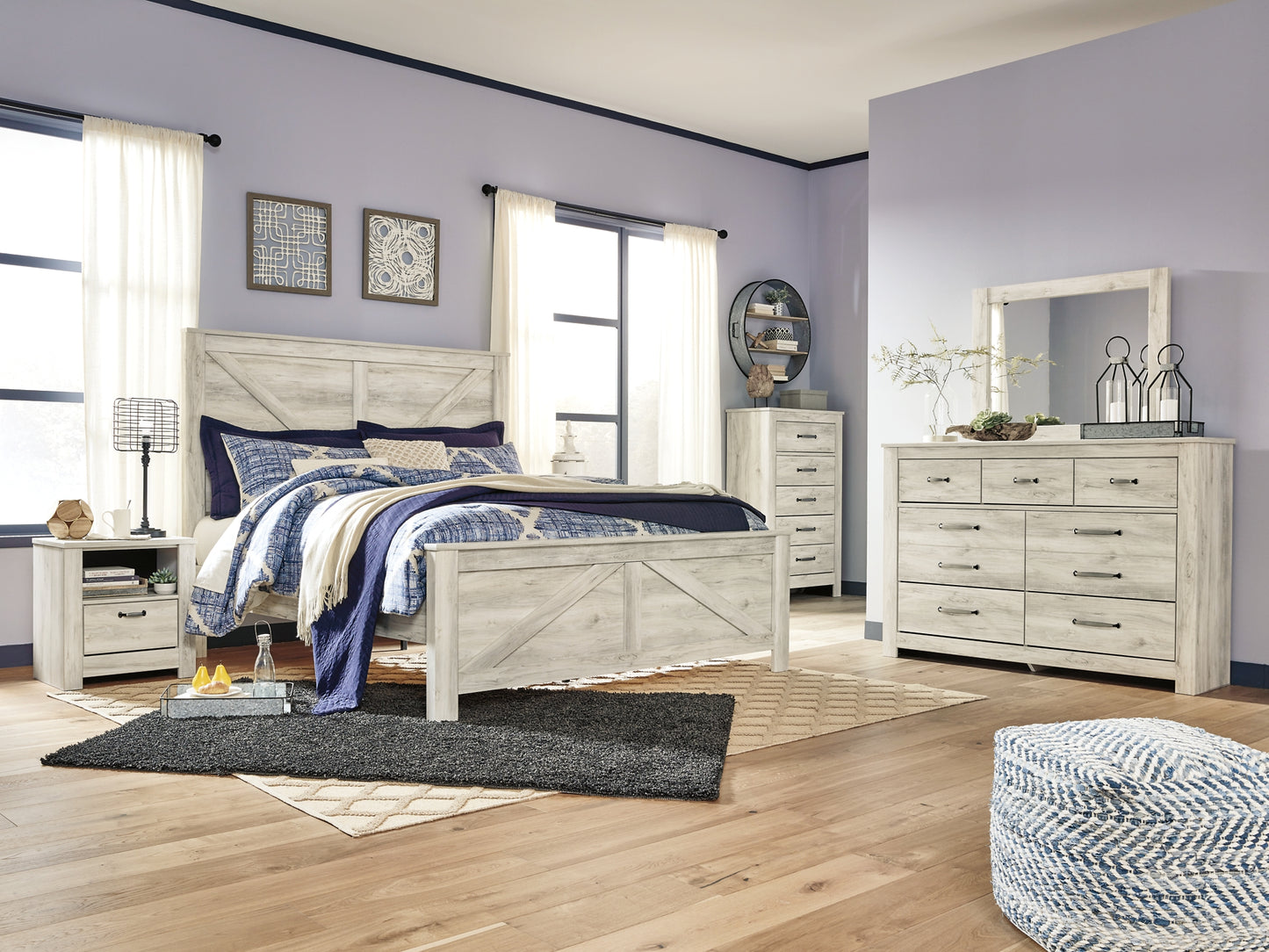 Bellaby Crossbuck Panel Bed With Mirrored Dresser, Chest And Nightstand