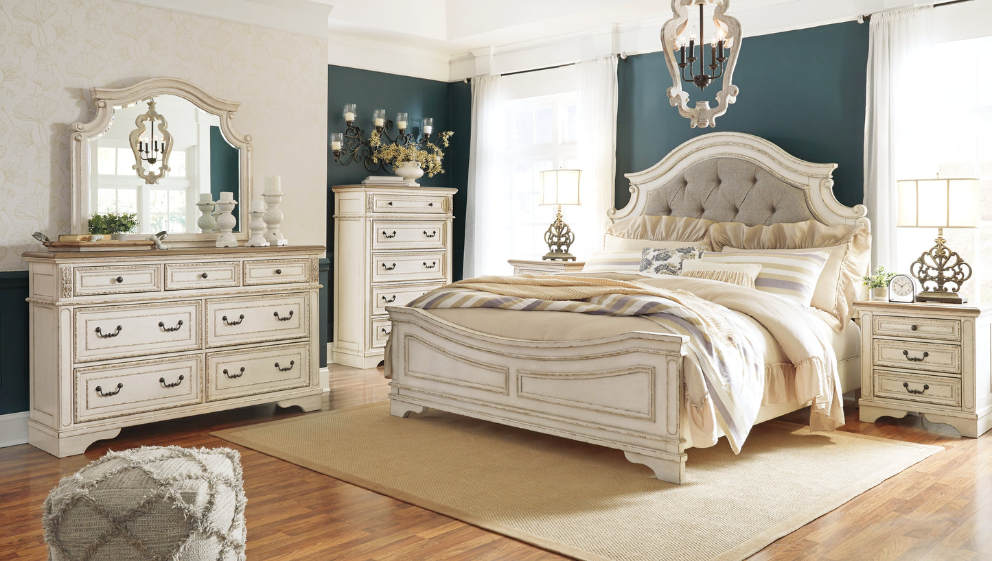 Realyn Upholstered Panel Bed With Mirrored Dresser, Chest And Nightstand