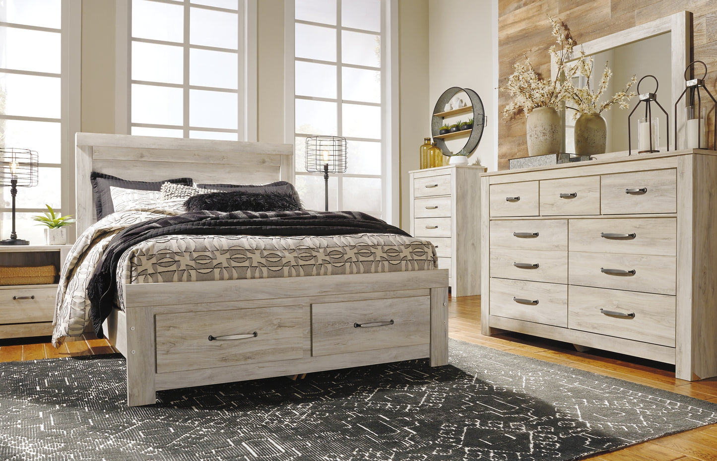 Bellaby Panel Headboard With Mirrored Dresser, Chest And Nightstand