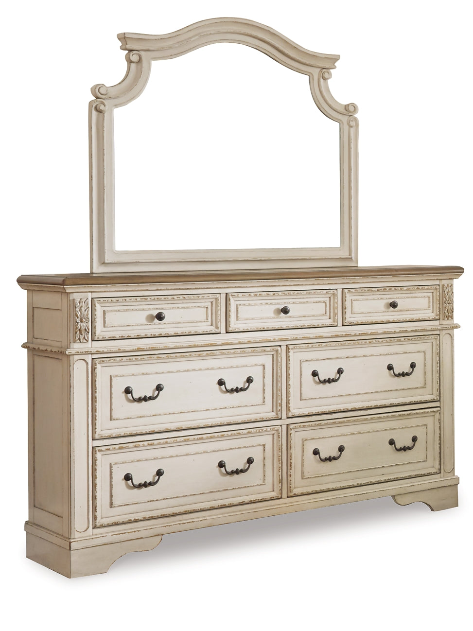 Realyn Upholstered Panel Bed With Mirrored Dresser And Chest