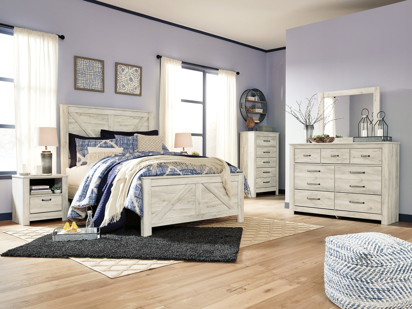 Bellaby Crossbuck Panel Bed With Mirrored Dresser, Chest And Nightstand