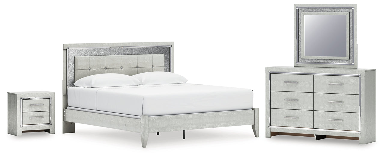 Zyniden King Upholstered Panel Bed with Mirrored Dresser and Nightstand