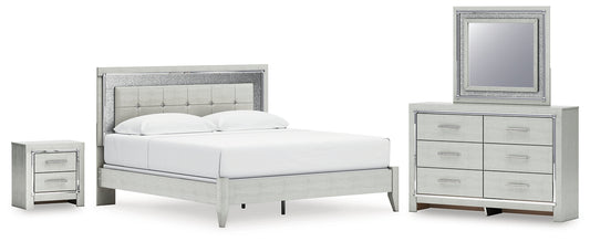 Zyniden King Upholstered Panel Bed with Mirrored Dresser and Nightstand