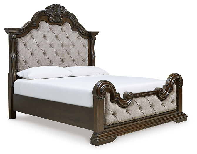 Maylee California King Upholstered Bed with Mirrored Dresser and Chest