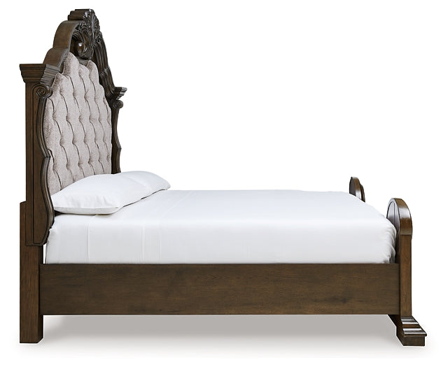 Maylee California King Upholstered Bed with Mirrored Dresser and Chest