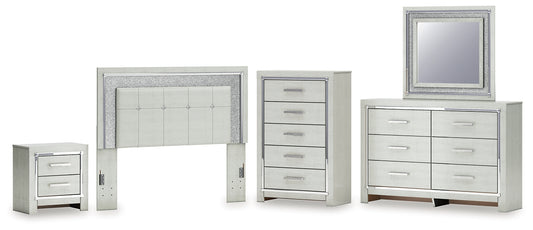 Zyniden Queen Upholstered Panel Headboard with Mirrored Dresser, Chest and Nightstand