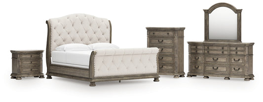 Ardenfield King Upholstered Sleigh Bed with Mirrored Dresser, Chest and Nightstand