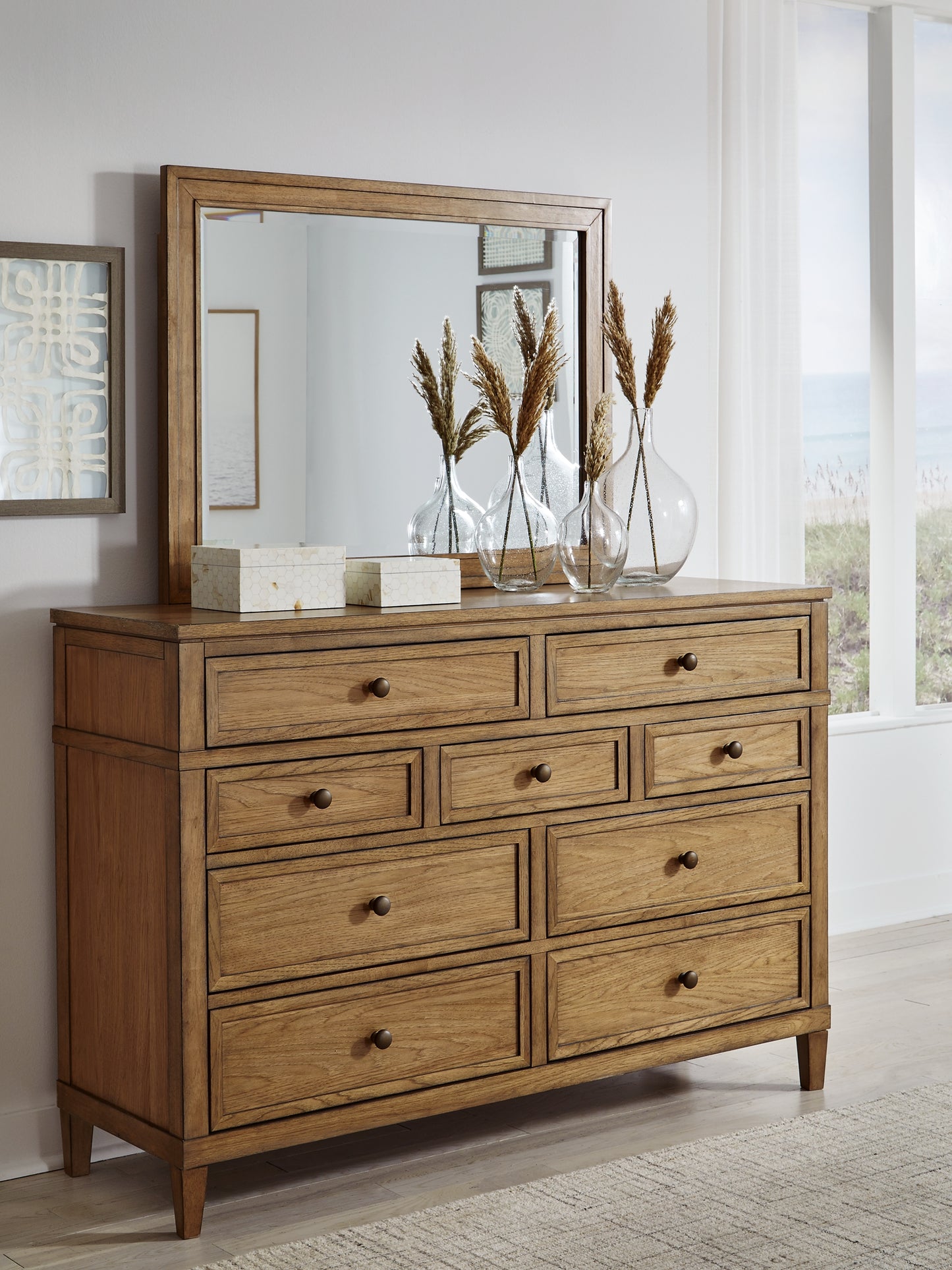 Sharlance California King Upholstered Panel Bed with Mirrored Dresser, Chest and Nightstand