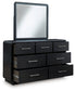 Rowanbeck California King Upholstered Panel Bed with Mirrored Dresser and Nightstand