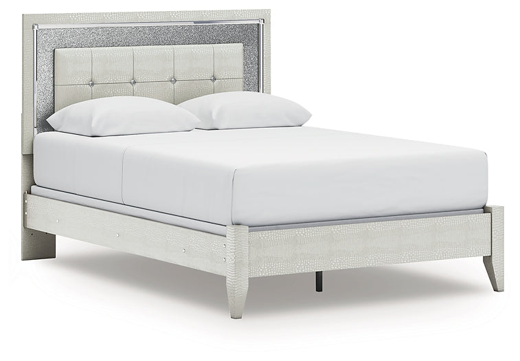 Zyniden Queen Upholstered Panel Bed with Mirrored Dresser and Chest