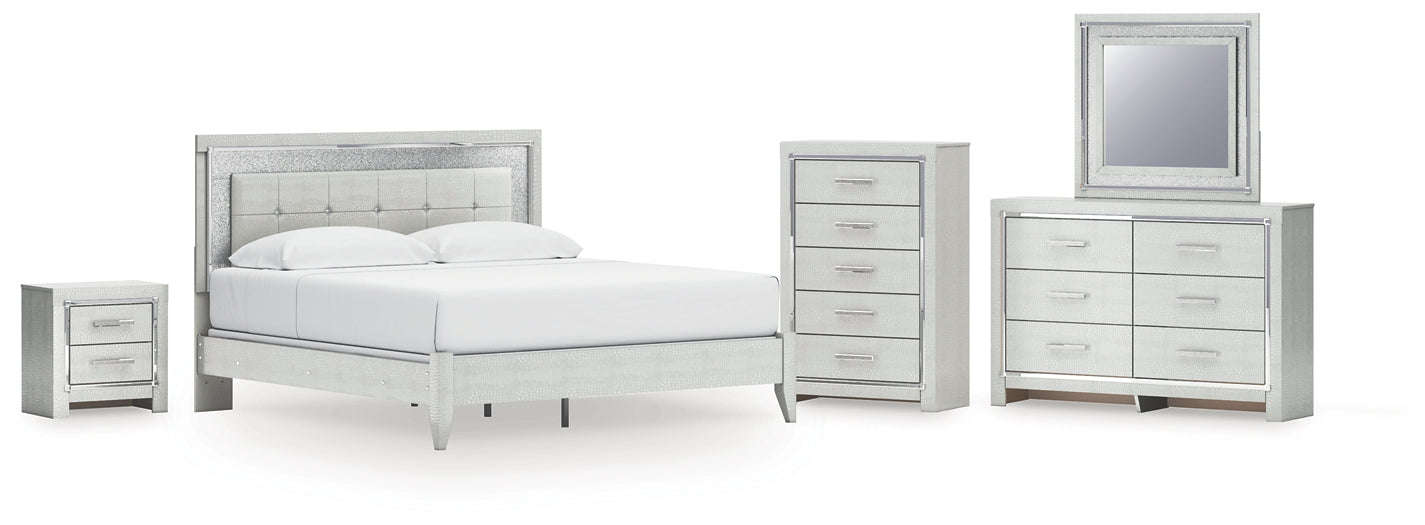 Zyniden King Upholstered Panel Bed with Mirrored Dresser, Chest and Nightstand