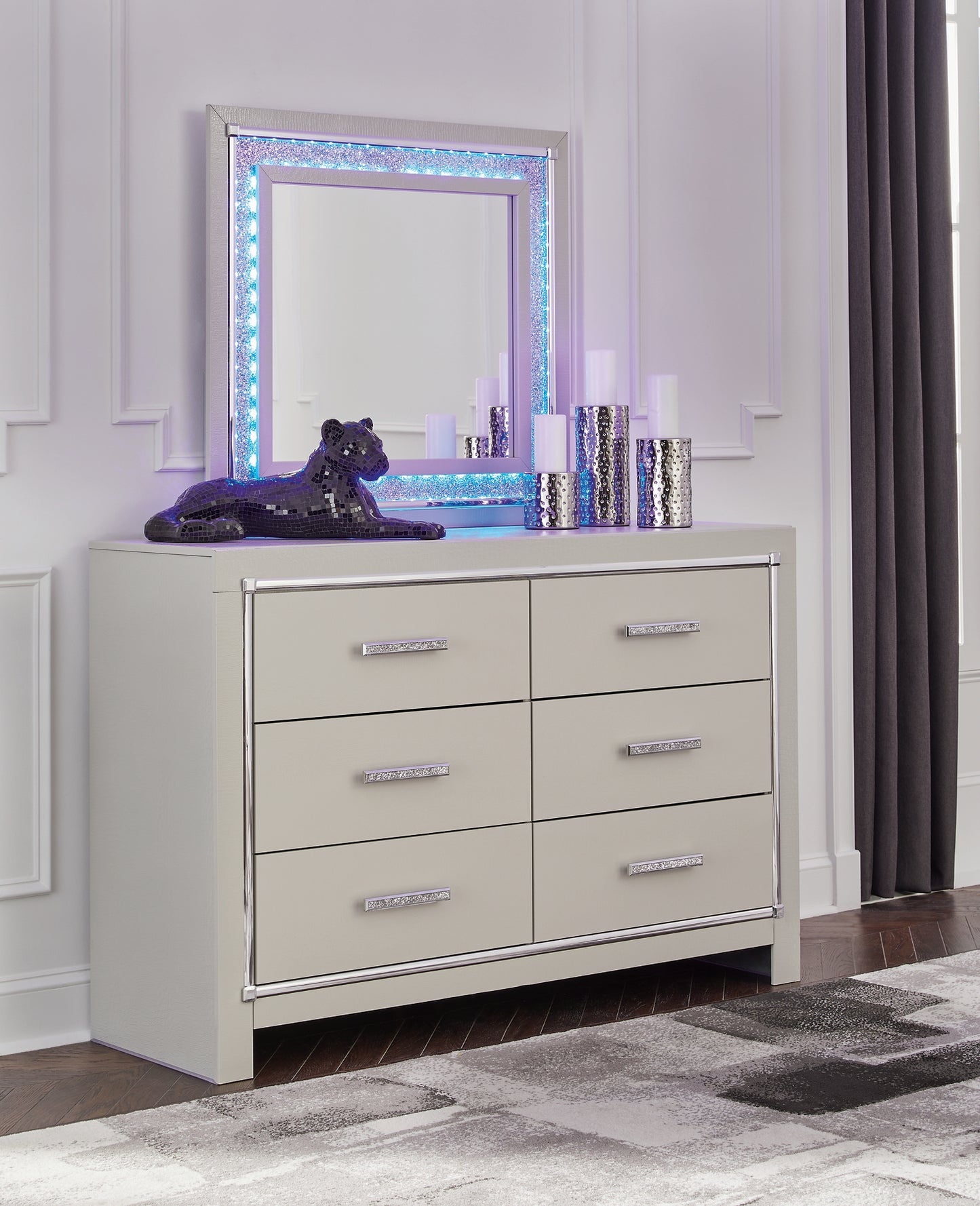 Zyniden King Upholstered Panel Bed with Mirrored Dresser
