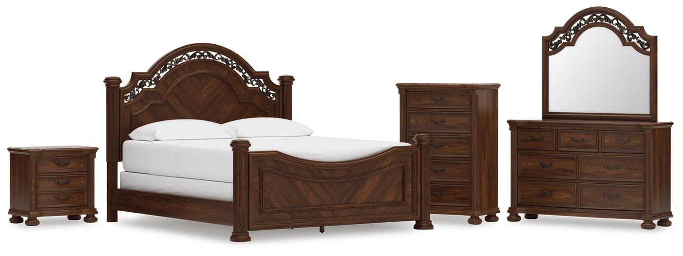Lavinton California King Poster Bed with Mirrored Dresser, Chest and Nightstand
