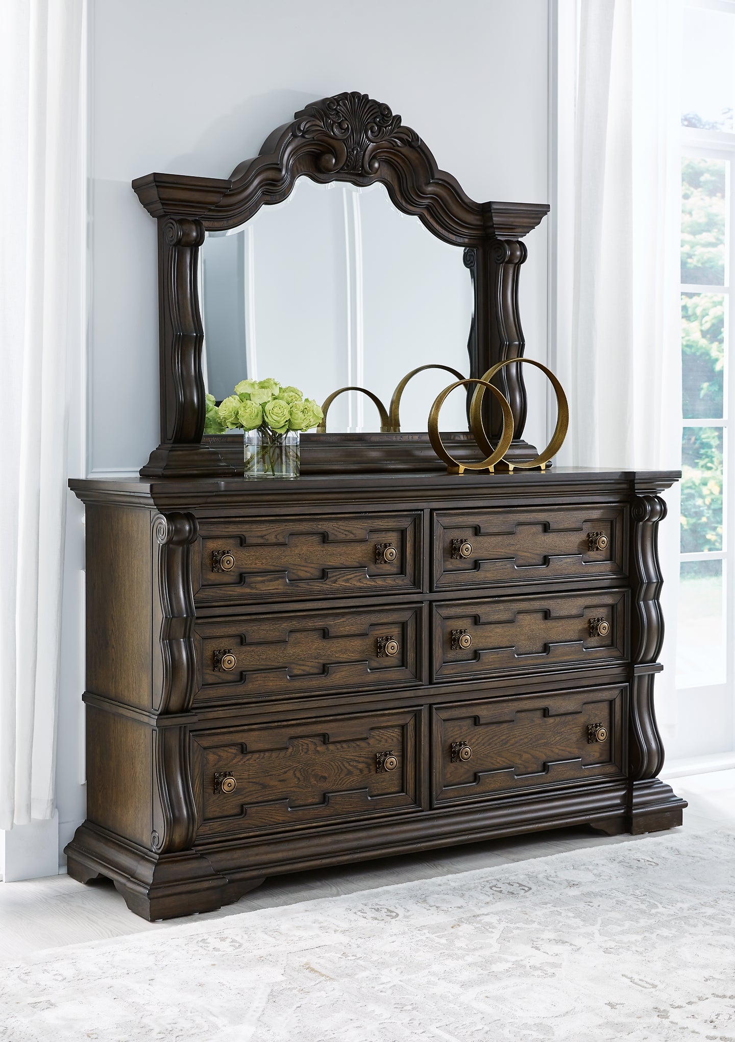 Maylee King Canopy Bed with Mirrored Dresser and Chest
