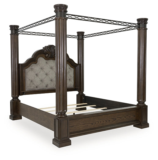 Maylee King Canopy Bed with Mirrored Dresser and Chest