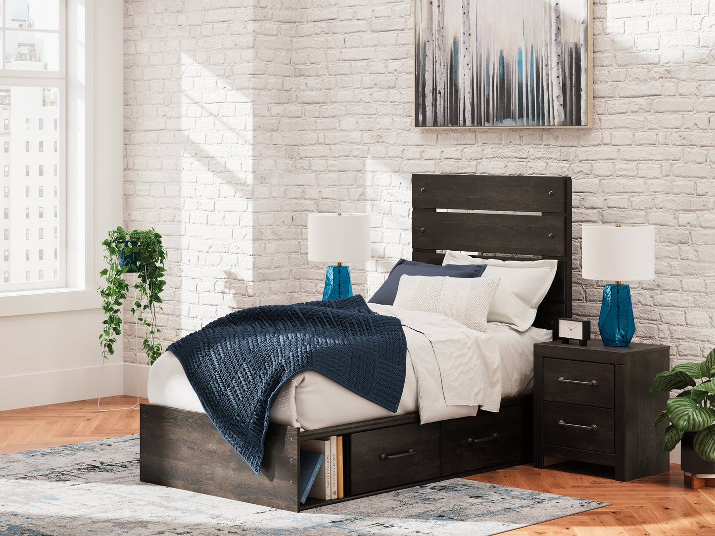 Hollivern Twin Panel Storage Bed with Mirrored Dresser and Nightstand