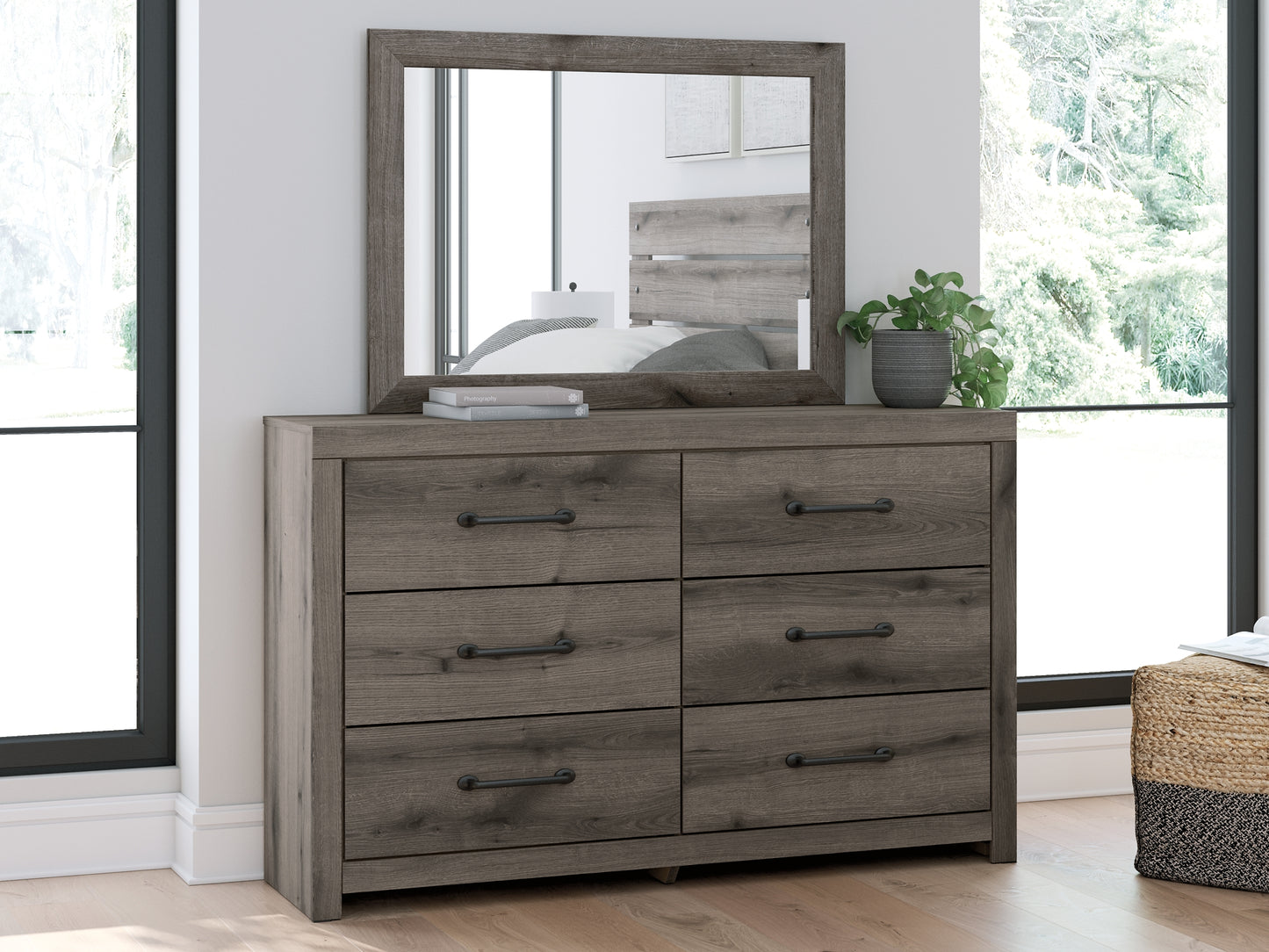 Graystorm Full Panel Bed with Storage with Mirrored Dresser and Chest