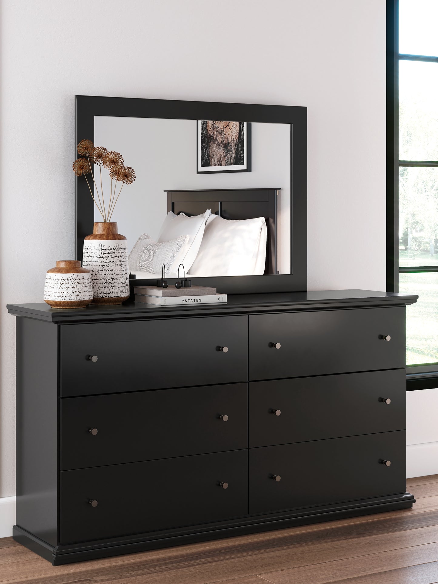 King Panel Bed with Mirrored Dresser, Chest and Nightstand